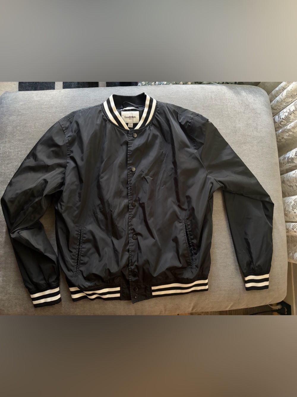 Black Striped-Trim Bomber Jacket